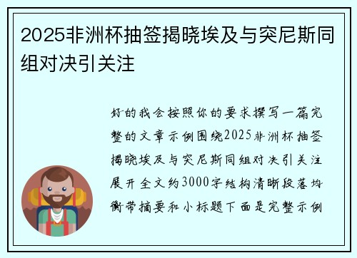2025非洲杯抽签揭晓埃及与突尼斯同组对决引关注