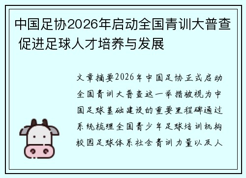 中国足协2026年启动全国青训大普查 促进足球人才培养与发展